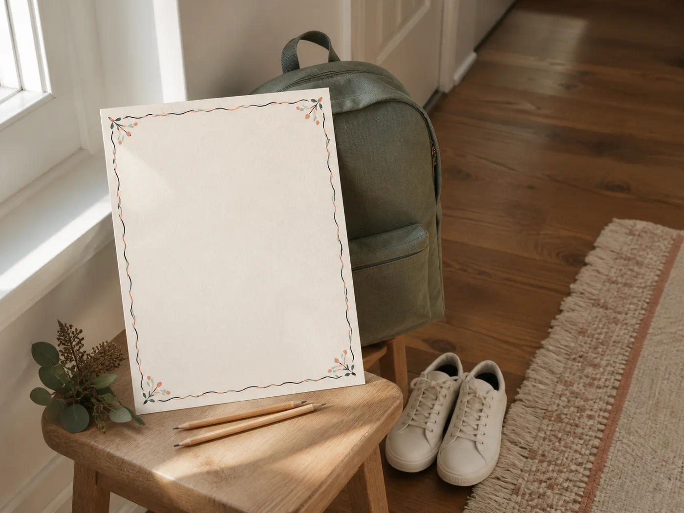 A printed first day of school sign beside a backpack and shoes